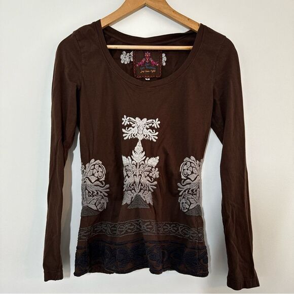 Johnny Was Tunic Women's Small Brown Embroidered Floral Glam Boho California - Picture 1 of 7